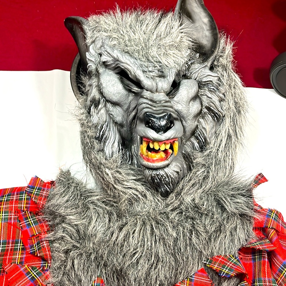 WOLF MAN MASK COSTUME boys size 8-10 plaid shirt Little red riding hood Grandma
